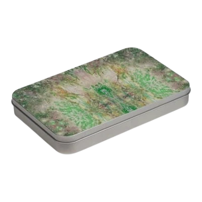 printed rectangular tin box with hinged lid